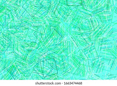 Plantilla vectorial verde claro con cristales, círculos, cuadrados. Ilustración abstracta con puntos coloridos, líneas, cubos. Plantilla para fondos de pantalla.