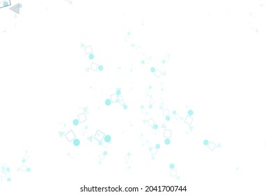 Plantilla vectorial verde claro con cristales, círculos, cuadrados. Ilustración con un conjunto de círculos coloridos, triángulos, cuadrados. Plantilla para fondos de pantalla.