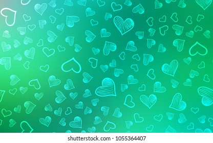 Light Green vector template with doodle hearts. Hearts on blurred abstract background with colorful gradient. Pattern for carnival, festival romantic leaflets.