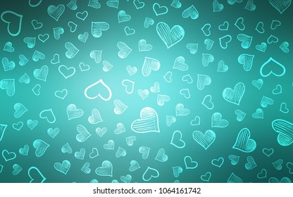 Light Green vector template with doodle hearts. Hearts on blurred abstract background with colorful gradient. Template for Valentine's greeting postcards.