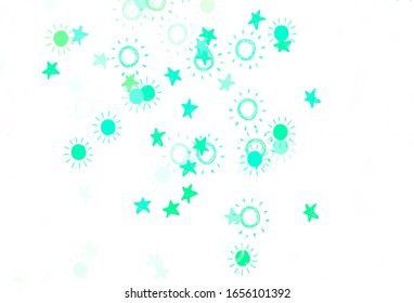 Light Green vector template with doodle stars, suns. Shining colored illustration with stars, suns. Best design for your ad, poster, banner.