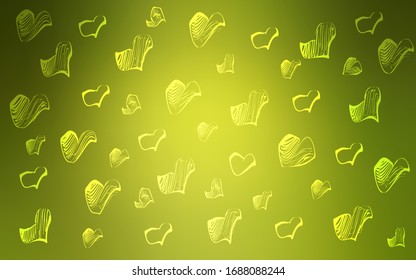 Plantilla vectorial verde claro con corazones de garabatos. Ilustración decorativa brillante con corazones sobre plantilla abstracta. Patrón de carnaval, volantes románticos del festival.
