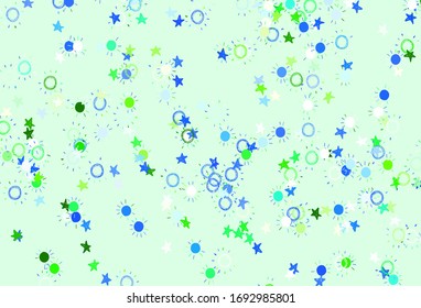 Light Green vector template with doodle stars, suns. Stars, suns on blurred abstract background with gradient. Best design for your ad, poster, banner.