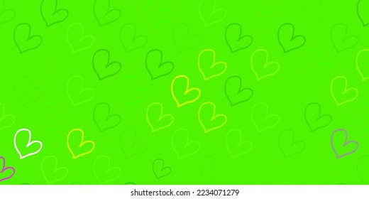 Hellgrüne Vektorvorlage mit doodle Herzen. Illustration mit Zeichen von Stärke und Macht der Frauen. Hintergrund des Internationalen Frauentags.
