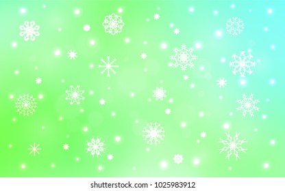 Light Green vector template with ice snowflakes. Blurred decorative design in xmas style with snow. The pattern can be used for new year leaflets.