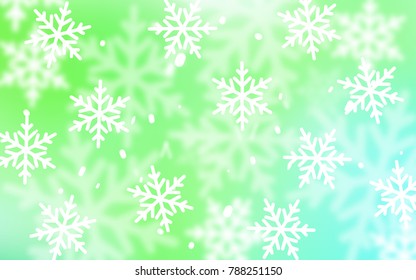 Light Green vector template with ice snowflakes. Blurred decorative design in xmas style with snow. New year design for your ad, poster, banner.