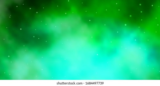 Plantilla vectorial verde claro con estrellas de neón. Brillante ilustración colorida con estrellas pequeñas y grandes. Tema para teléfonos celulares.