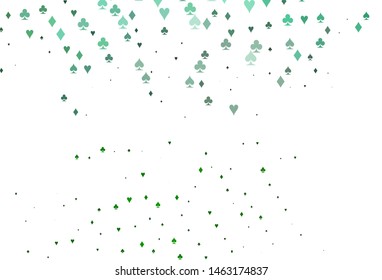 Light Green vector template with poker symbols. Blurred decorative design of hearts, spades, clubs, diamonds. Template for business cards of casinos.
