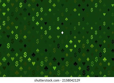 Light green vector template with poker symbols. Shining illustration with hearts, spades, clubs, diamonds. Pattern for ads of parties, events in Vegas.