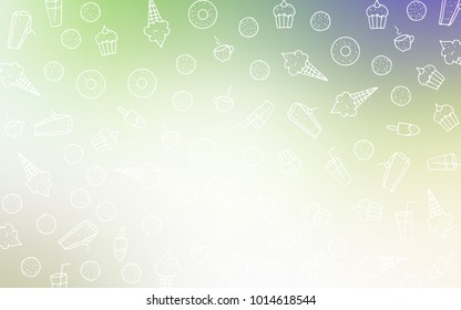 Light Green vector template with sweet snacks. Decorative shining illustration with sweets on abstract template. Template of children's food in cafe.