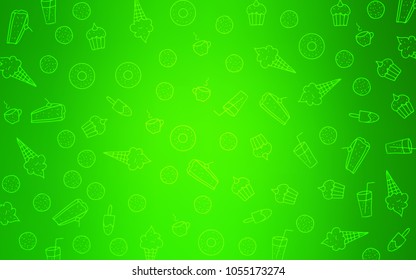 Light Green vector template with sweet snacks. Beautiful colored illustration with candies in doodle style. Doodle design for your business advert of cafes.