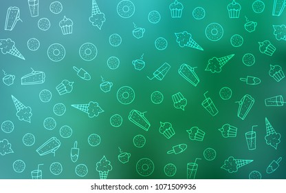Light Green vector template with sweet snacks. Confections on blurred abstract background with colorful gradient. Doodle design for your business advert of cafes.