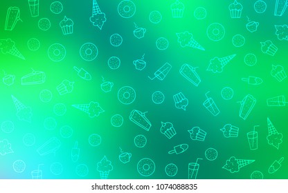 Light Green vector template with sweet snacks. Confections on blurred abstract background with colorful gradient. Doodle design for your business advert of cafes.