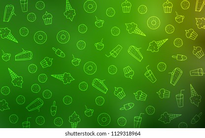 Light Green vector template with sweet snacks. Blurred decorative design of desserts in doodle style. Pattern for ad, booklets, leaflets of restaurants.