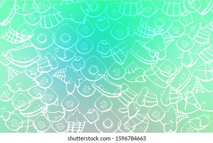 Light Green vector template with sweet snacks. Confections on blurred abstract background with colorful gradient. Pattern for ads of breakfast, lunch, dinner.