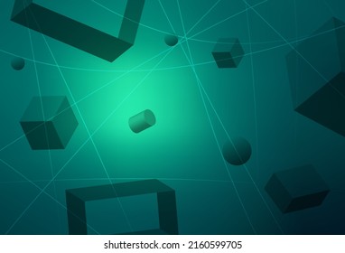 Light Green vector texture with 3D cubes, cylinders, spheres, rectangles. Abstract illustration with volumetric figures. Elegant design for wallpapers.