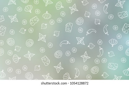 Light Green vector texture with delicious snacks. Blurred decorative design of snacks in doodle style. Pattern for ads of breakfast, lunch, dinner.