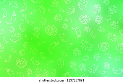 Light Green vector texture with delicious snacks. Fast Food on blurred abstract background with colorful gradient. Template for meal cooking in kitchen.