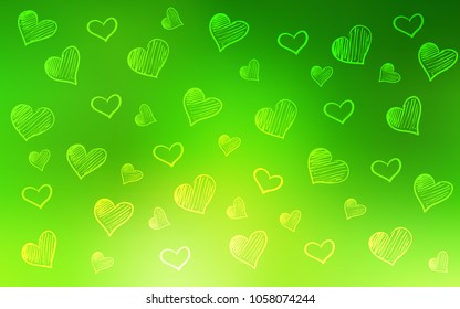 Light Green vector texture with lovely hearts. Glitter abstract illustration with colorful hearts in romantic style. Template for Valentine's greeting postcards.