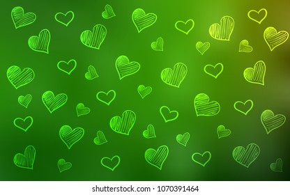 Light Green vector texture with lovely hearts. Hearts on blurred abstract background with colorful gradient. Beautiful design for your business advert of anniversary.