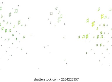Hellgrüne Vektorstruktur mit musikalischen Noten. Einzeln bunte Musikschlüssel auf abstraktem Hintergrund. Modernes Design für Bildschirmhintergründe.