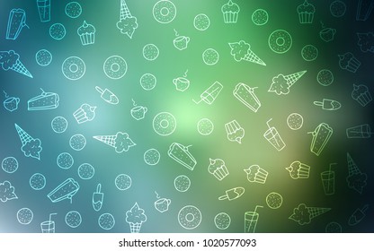 Light Green vector texture with sweets, candies. Blurred decorative design of desserts in doodle style. Pattern for menu of cafes and restaurants.