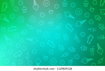 Light Green vector texture with sweets, candies. Confections on blurred abstract background with colorful gradient. Design for ad, poster, banner of cafes or restaurants.