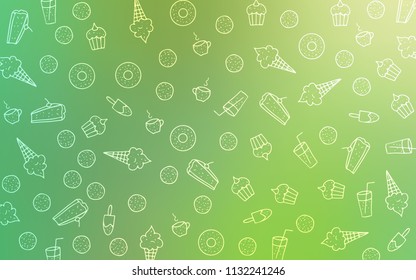 Light Green vector texture with sweets, candies. Glitter abstract sketch with sweets, candies, desserts. Template of children's food in cafe.