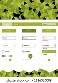 Light Green vector ui ux kit in triangular style. Web ui kit with abstract gradient triangles in its header. This template you can use for landing pages.
