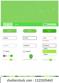 Light Green vector ui ux kit in triangular style with circles. Web ui kit with abstract triangles, circles in its header. This template you can use for websites.