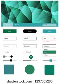 Light Green vector ui ux kit in triangular style. Web ui kit with abstract gradient triangles in its header. Beautiful layout for websites, landing pages.