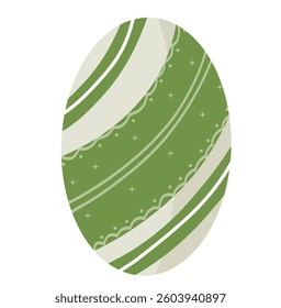 A light green and white egg with a white stripe. The egg is decorated with stars and has a pattern of stripes
