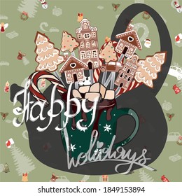Light green winter pattern card with holiday gingerbread houses and inscription