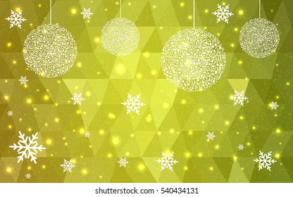 Light Green Yellow christmas postcard low polygon background. Vector illustration consisting of triangles. Abstract triangular polygonal origami or crystal design of New Year celebration.