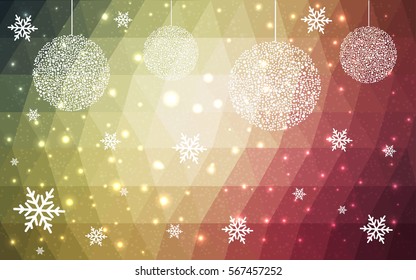 Light green, yellow, Red vector christmas postcard low polygon background. Illustration consisting of triangles. Abstract triangular polygonal origami or crystal design of New Year celebration.
