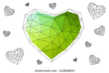 Light Green, Yellow vector abstract Triangle Geometrical Heart on white polygonal background. Happy Valentine's Day Greeting Card. Stock template for your design.