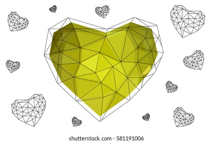 Light Green, Yellow vector abstract Triangle Geometrical Heart on white polygonal background. Happy Valentine's Day Greeting Card. Stock template for your design.