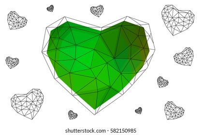 Light Green, Yellow vector abstract Triangle Geometrical Heart on white polygonal background. Happy Valentine's Day Greeting Card. Stock template for your design.