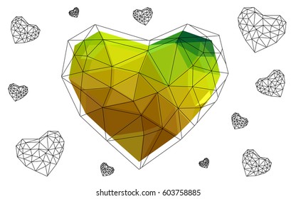Light Green, Yellow vector abstract glitter heart shape on white background in love concept for valentine's day with sweet and romantic moment. Polygonal design for your business.