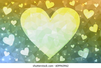 Light green, yellow vector abstract Triangle Geometrical Heart on white polygonal background. Happy Valentine's Day Greeting Card. Stock template for your design.