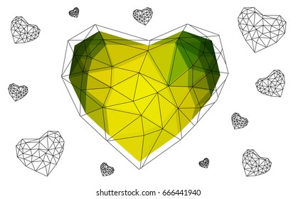 Light Green, Yellow vector abstract Triangle Geometrical Heart on white polygonal background. Happy Valentine's Day Greeting Card. Stock template for your design.