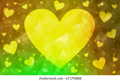 Light Green, Yellow vector abstract Triangle Geometrical Heart on white polygonal background. Happy Valentine's Day Greeting Card. Stock template for your design.