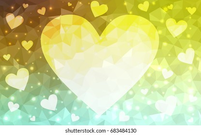 Light Green, Yellow vector abstract glitter heart shape on white background in love concept for valentine's day with sweet and romantic moment. Polygonal design for your business.