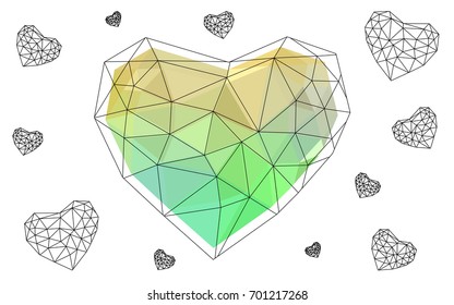 Light Green, Yellow vector abstract Triangle Geometrical Heart on white polygonal background. Happy Valentine's Day Greeting Card. Stock template for your design.