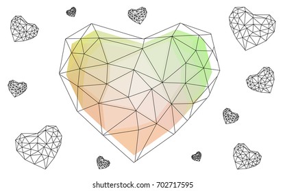 Light Green, Yellow vector abstract Triangle Geometrical Heart on white polygonal background. Happy Valentine's Day Greeting Card. Stock template for your design.