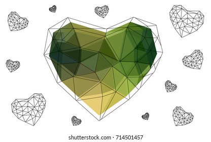 Light Green, Yellow vector abstract Triangle Geometrical Heart on white polygonal background. Happy Valentine's Day Greeting Card. Stock template for your design.