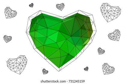 Light Green, Yellow vector abstract Triangle Geometrical Heart on white polygonal background. Happy Valentine's Day Greeting Card. Stock template for your design.