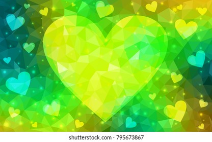 Light Green, Yellow vector abstract glitter heart shape on white background in love concept for valentine's day with sweet and romantic moment. Polygonal design for your business.