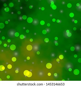 Light Green, Yellow vector backdrop with circles, stars. Glitter abstract illustration with colorful drops, stars. New template for a brand book.