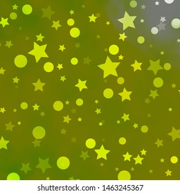 Light Green, Yellow vector backdrop with circles, stars. Glitter abstract illustration with colorful drops, stars. Texture for window blinds, curtains.